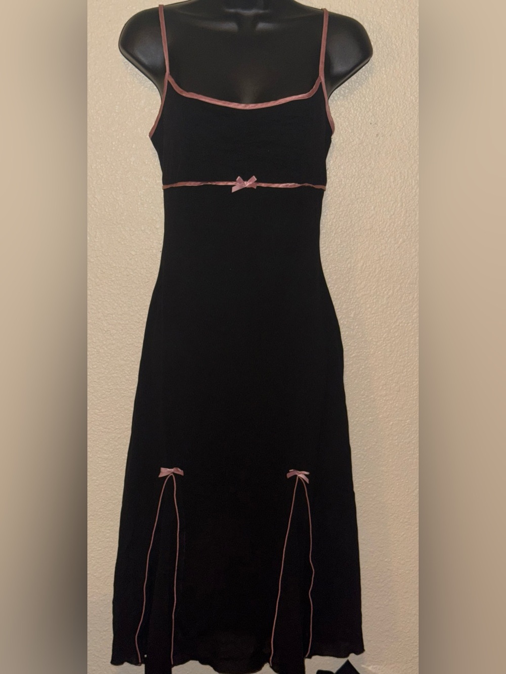 Vintage Y2K Black & Pink Bow Slip Dress Handkerchief Hem Midi